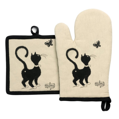 Oven mitt + Potholder Dubout Chat Papillon Beige 18 x 28
