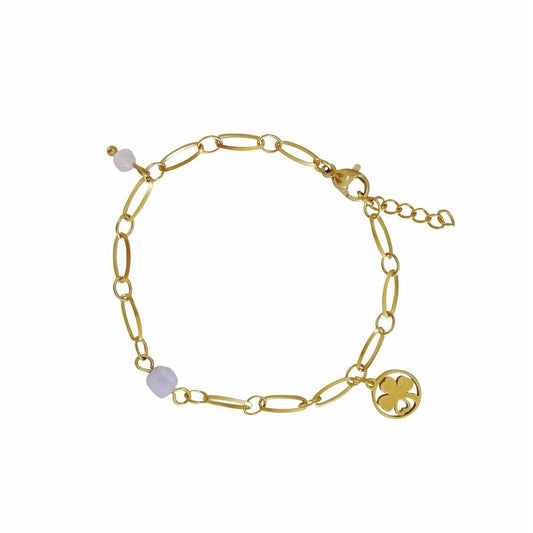 Chalcedony, Rose Quartz & Four Leaf Clover Bracelet - Gold