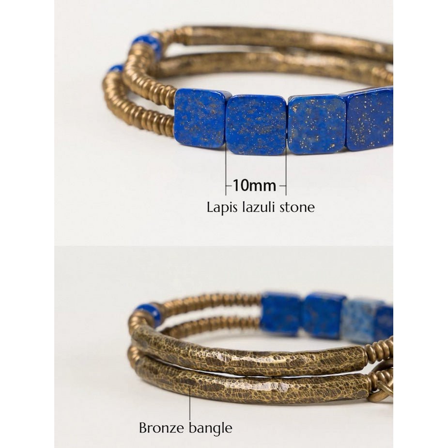 Lapis Lazuli Square Plate Bracelet with Bronze Bangles