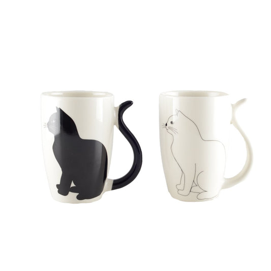 BLACK AND WHITE CAT CUPS WITH TAIL-SHAPED HANDLE - SET OF 2