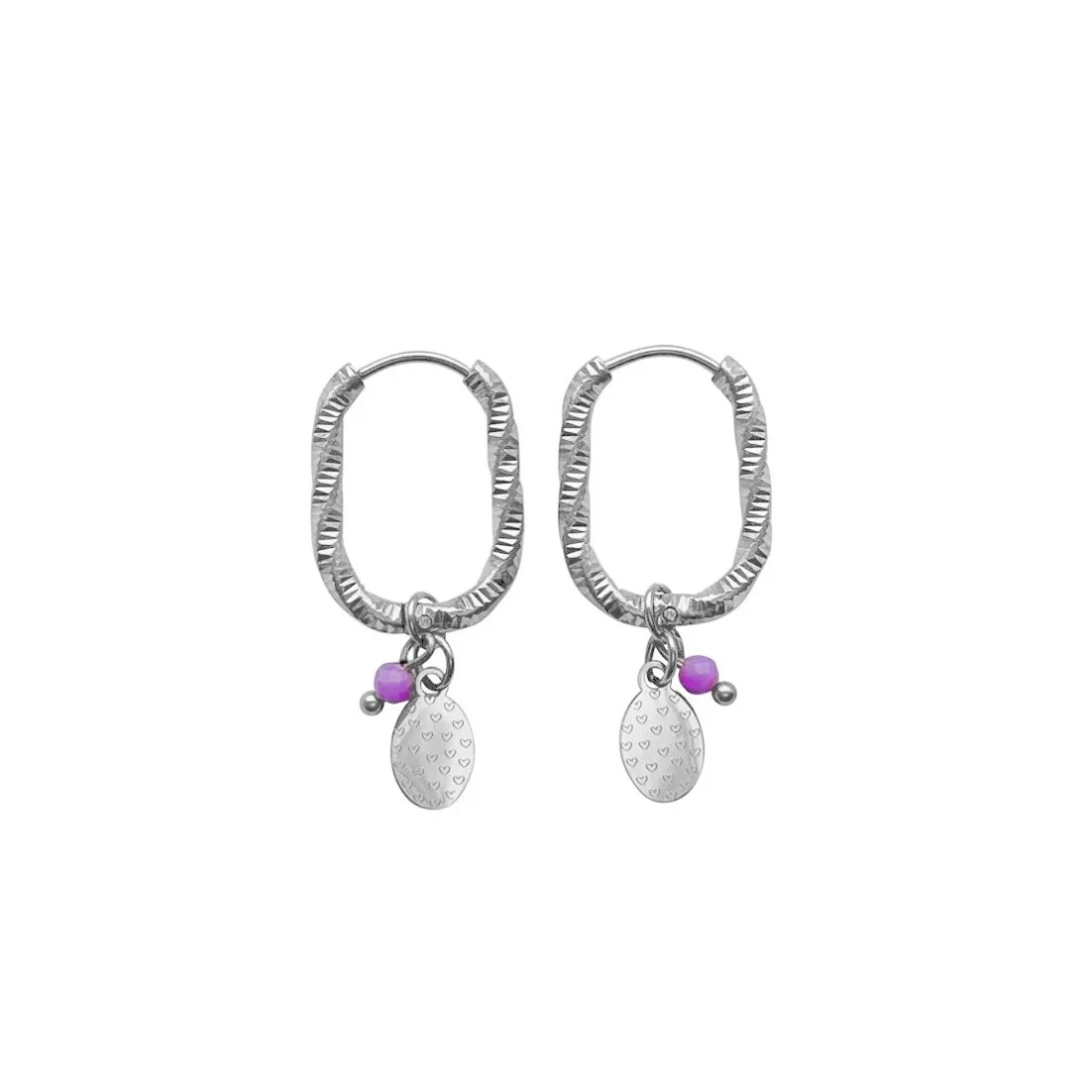 Hearts engraving oval earrings - Silver