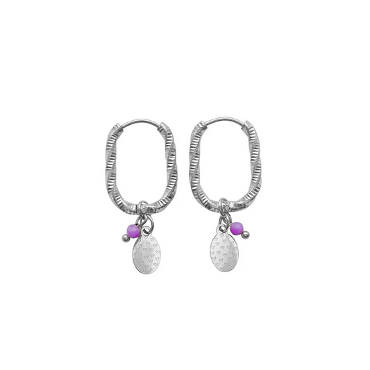 Hearts engraving oval earrings - Silver