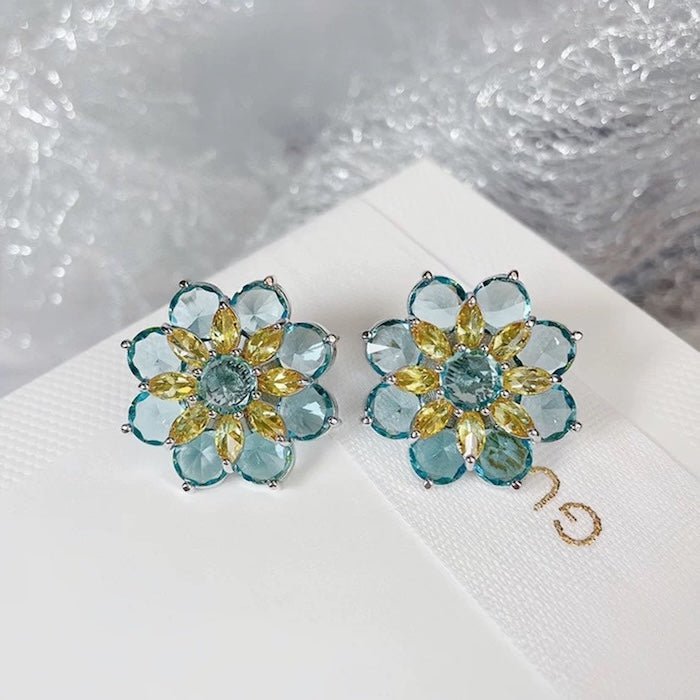 Sparkling Blue Daisy Flower Earrings