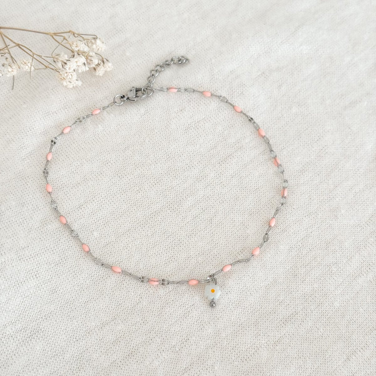 Pink enamel & Madelief ankle strap - Silver