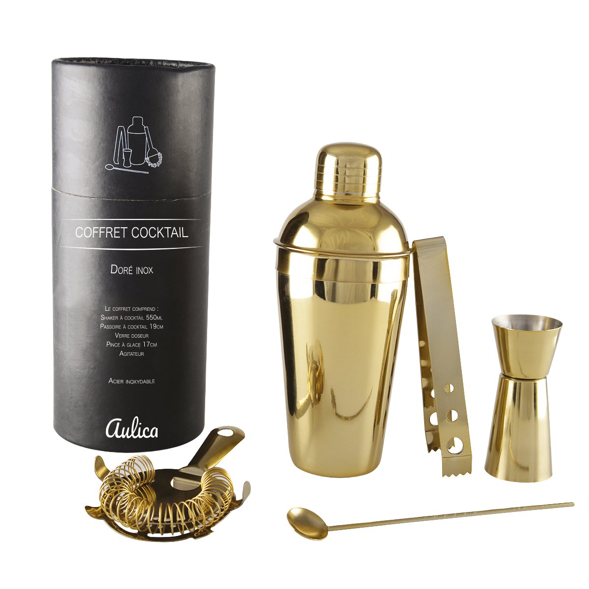 Cocktail shaker set 550ml 5 pieces gold color