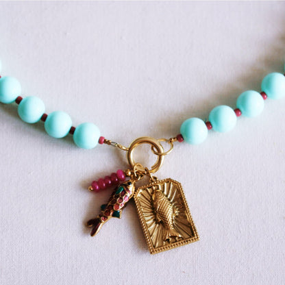 Beaded necklace with Miyuki beads with charms -  mint/cerise