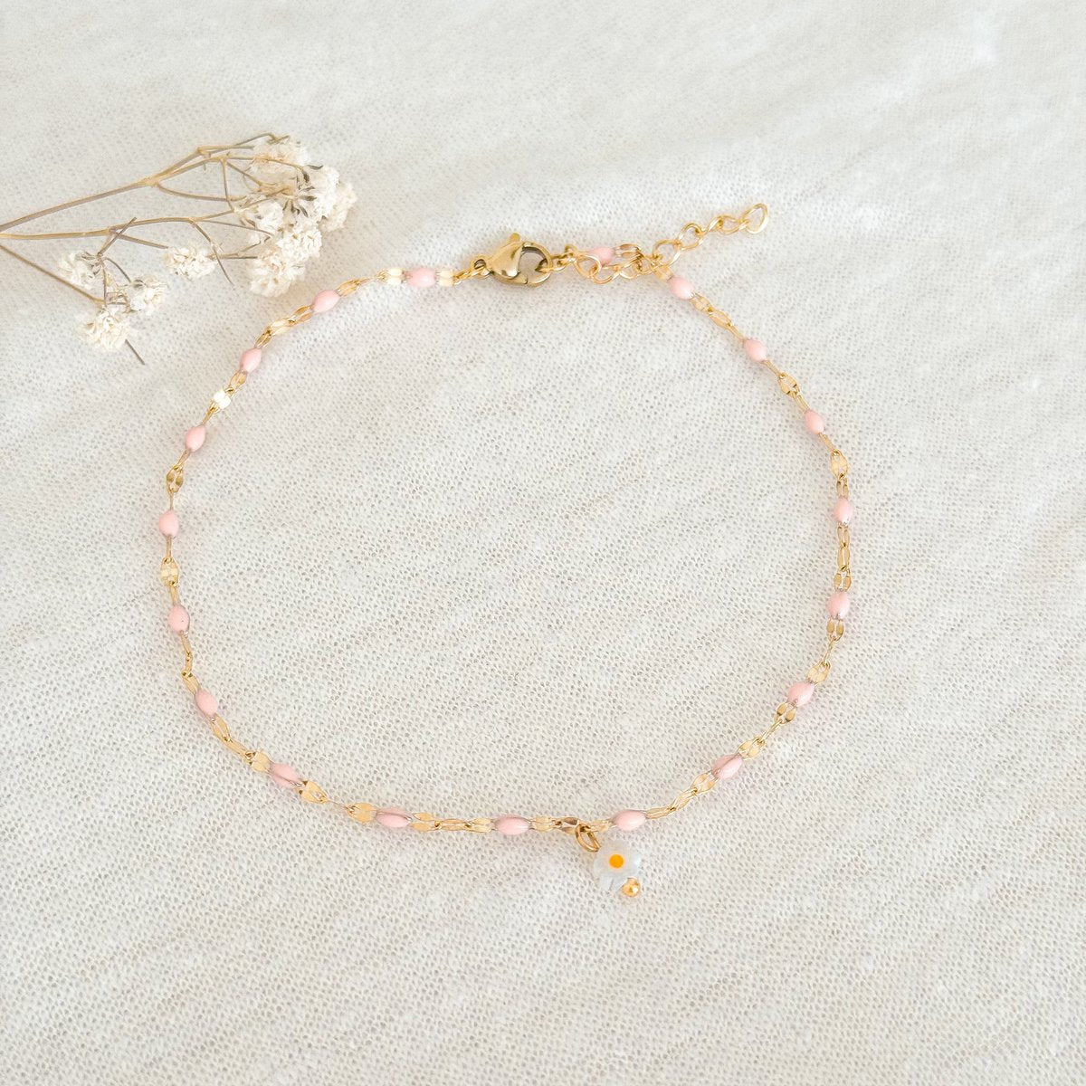 Pink enamel & Madelief ankle strap - Gold