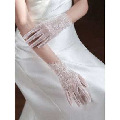 Delicate White Lace Net Bridal Gloves-For slim hands