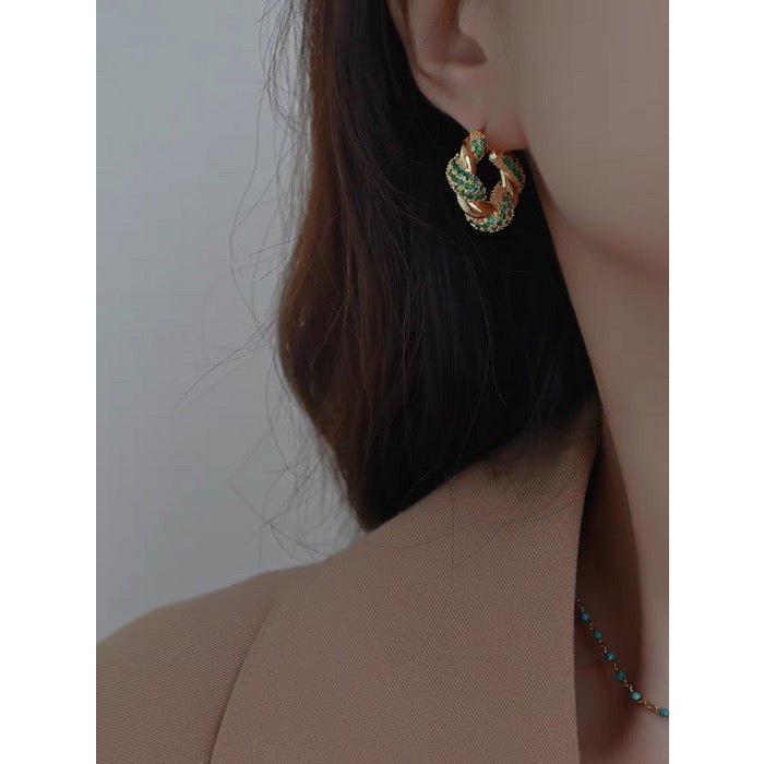 Vintage Styled Braided Earrings - Green Stones