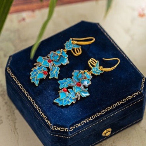 Chinese Royal Cloisonné Earrings-Phoenix n Flower