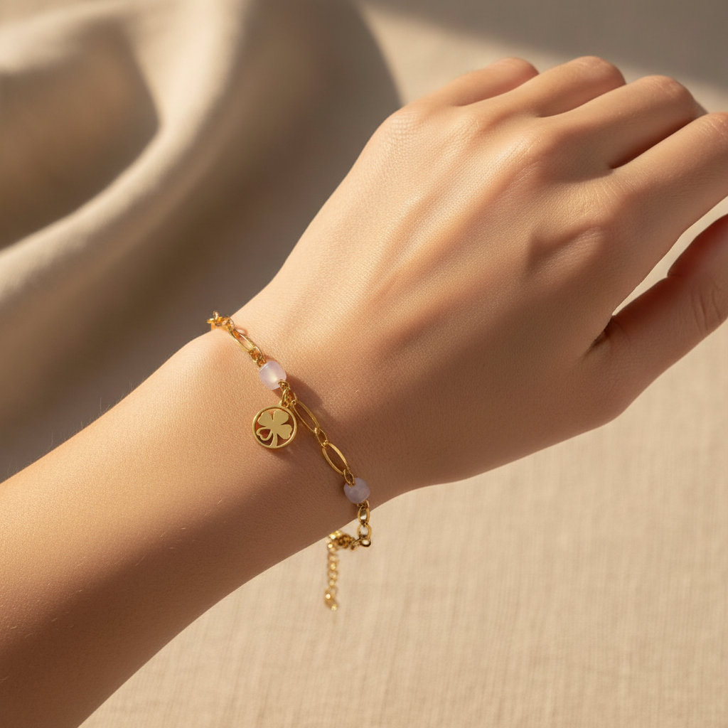 Chalcedony, Rose Quartz & Four Leaf Clover Bracelet - Gold