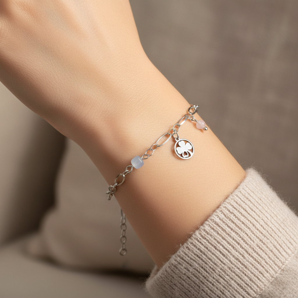 Chalcedony, Rose Quartz & Four Leaf Clover Bracelet - Silver