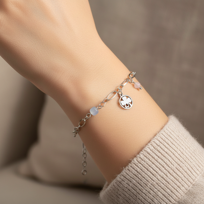 Chalcedony, Rose Quartz & Four Leaf Clover Bracelet - Silver