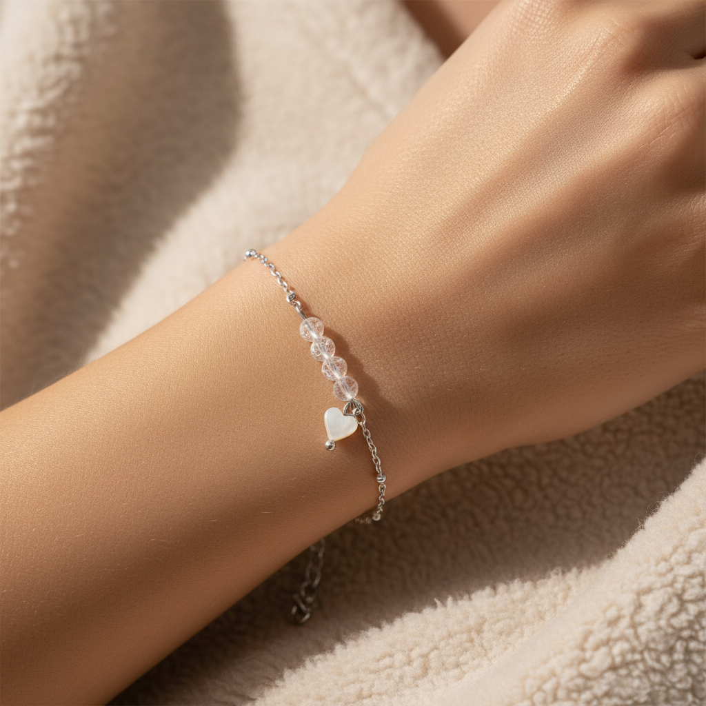 Cracked Rock Crystal & Heart Bracelet - Silver