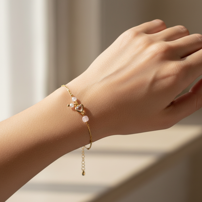 Crystal Heart, Moonstone and Rose Quartz Bracelet - Gold