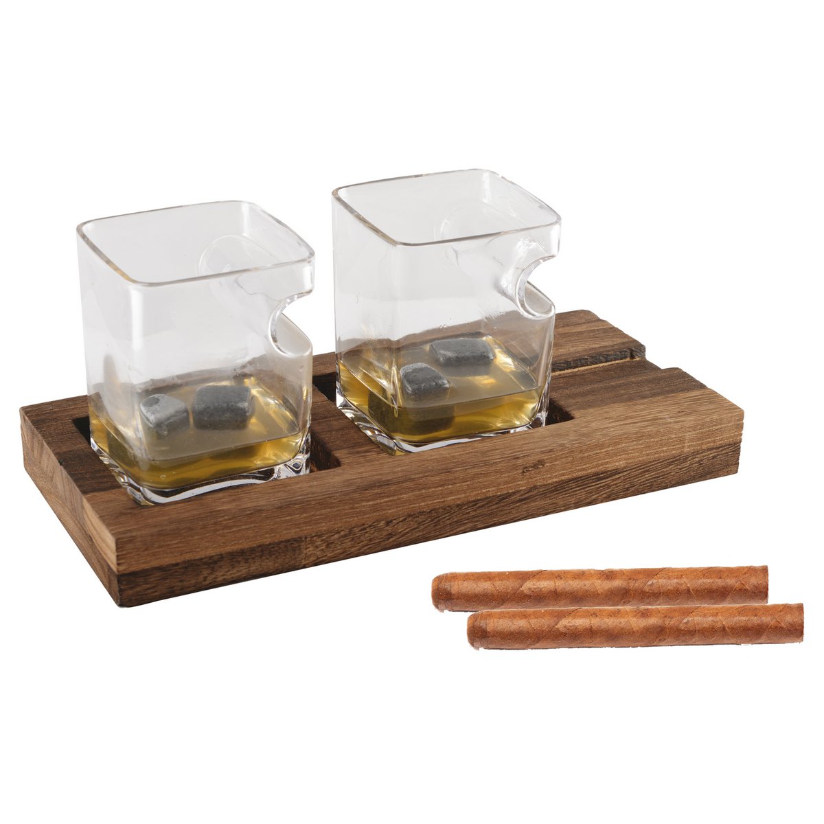 DUO WHISKEY TWO GLASSES WOODEN SUPPORT 4 CERAMIC STONE ICE CREAM