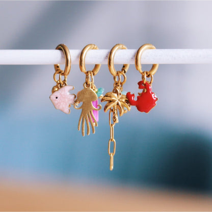 Stainless steel hoop earrings with small fish, mini heart and pearl - light pink