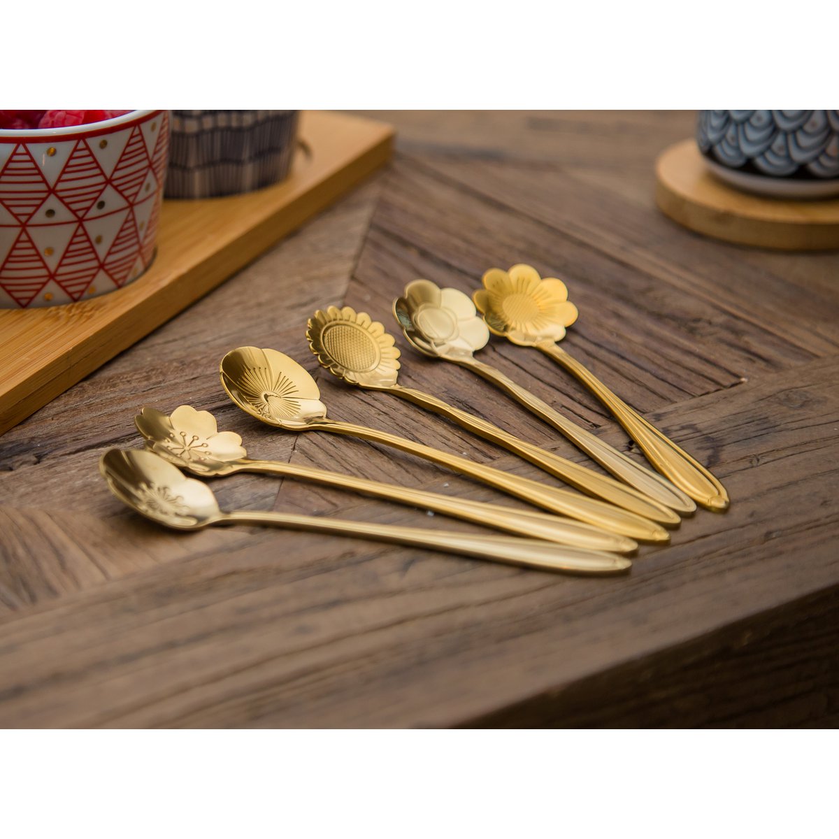 ASSORTED GOLDEN FLOWER CAKE SPOONS - SET OF 6