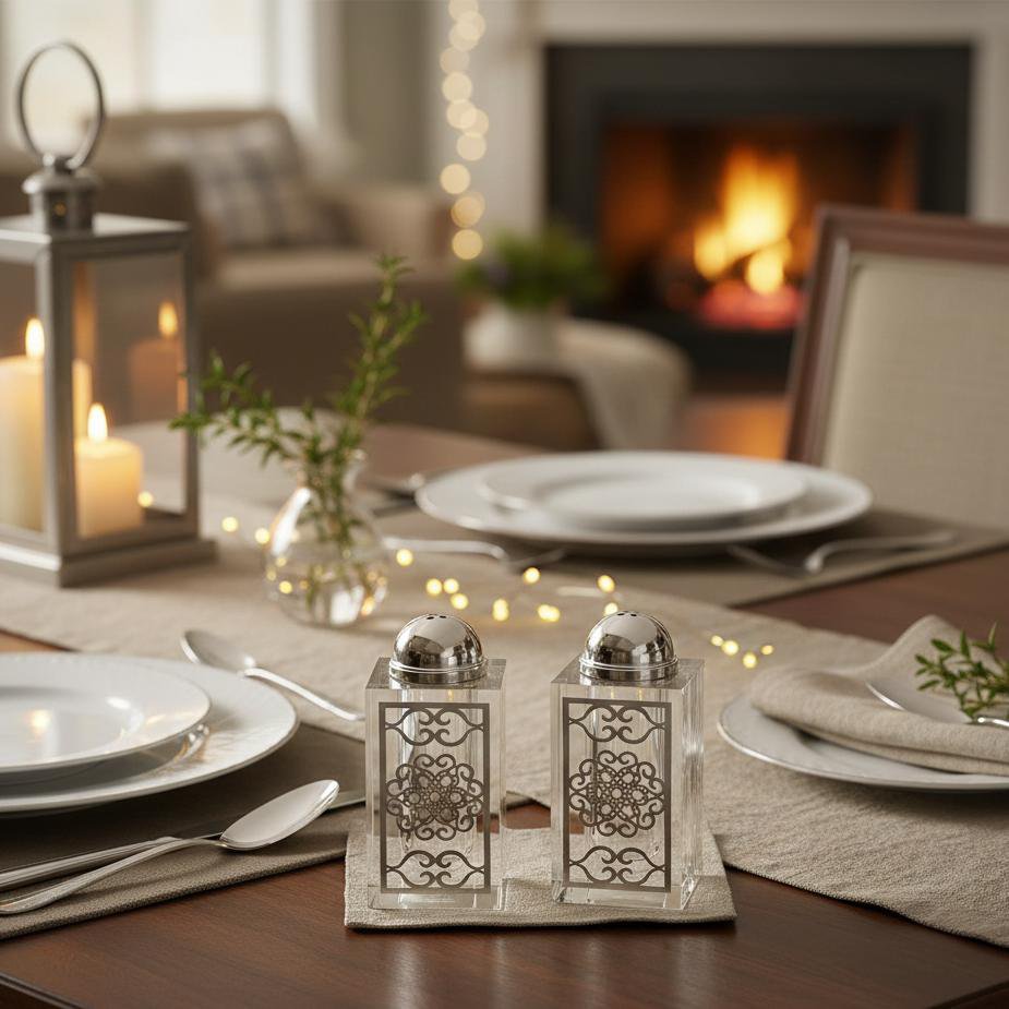 Silver arabesque crystal style salt and pepper shakers