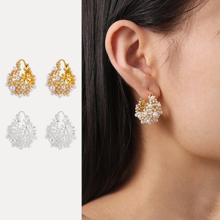 Romantic Pearl Basket Hoop Earrings-Gold n Silver