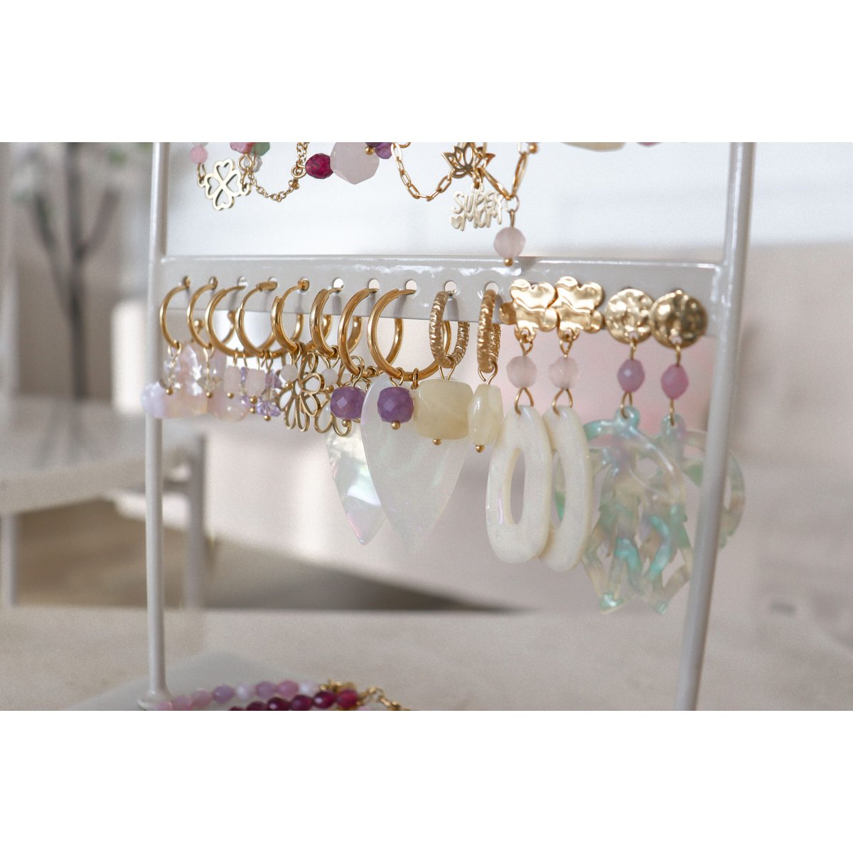 Amethyst Mother of Pearl Heart Earrings - Gold