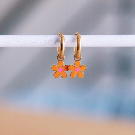 Stainless steel hoop earrings with flower - orange/pink