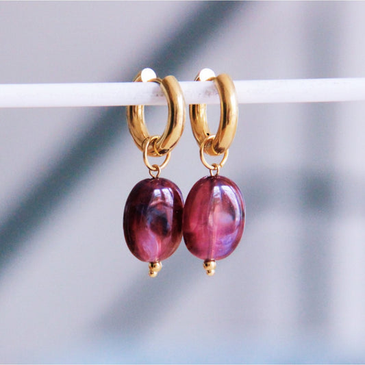 Wide hoop with oval resin pendant - purple