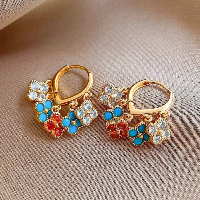 Rainbow Four-Leaf Lucky Flower Stone Drop Earrings