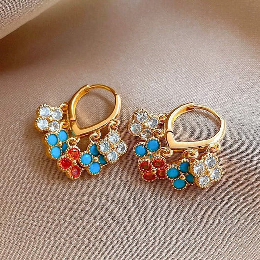 Rainbow Four-Leaf Lucky Flower Stone Drop Earrings