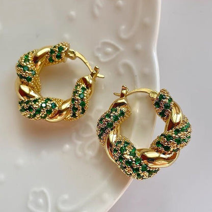 Vintage Styled Braided Earrings - Green Stones