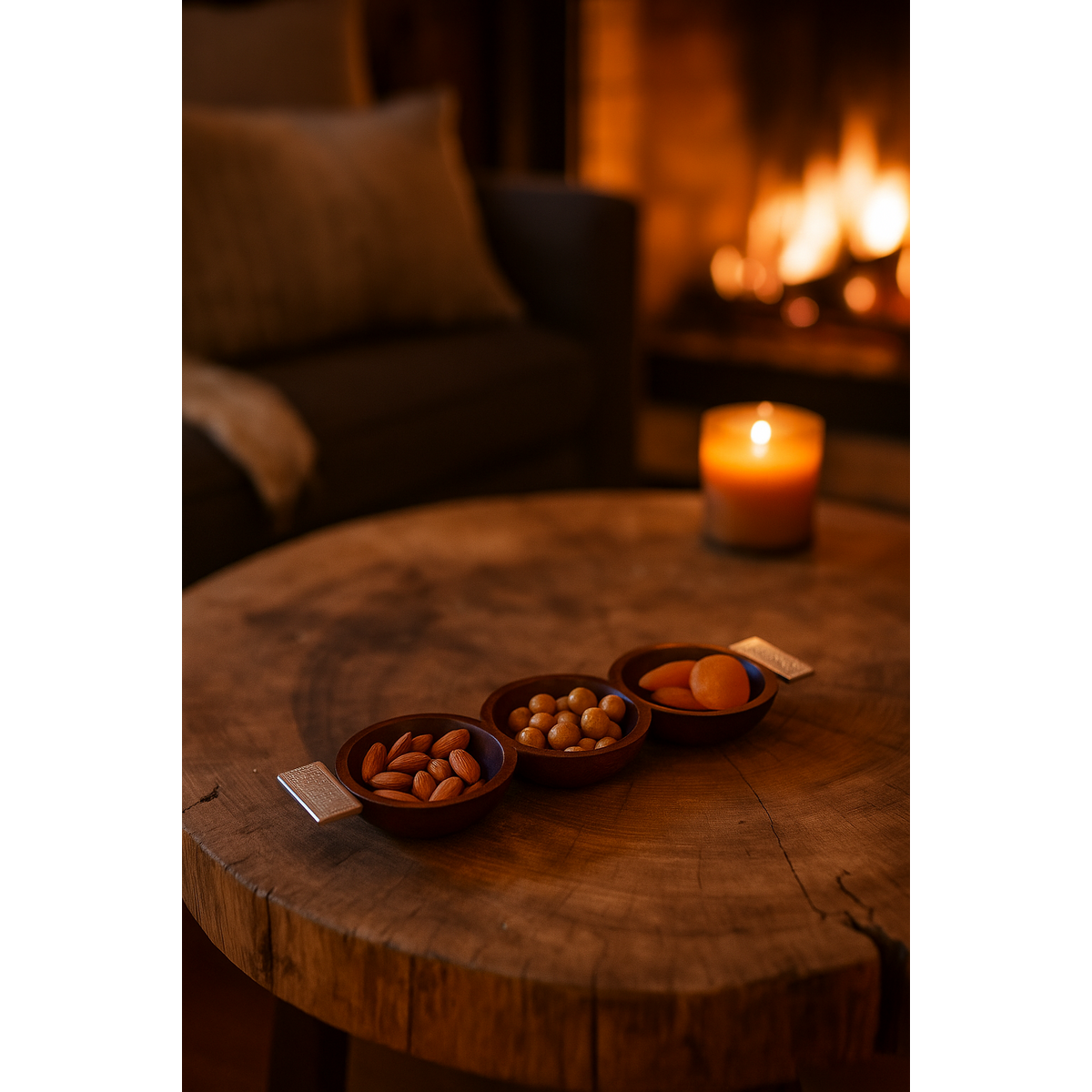 Aperitif set 3 wooden cups with silver handles