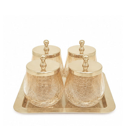 Square tray with 4 glass jars and gold stainless steel lid
