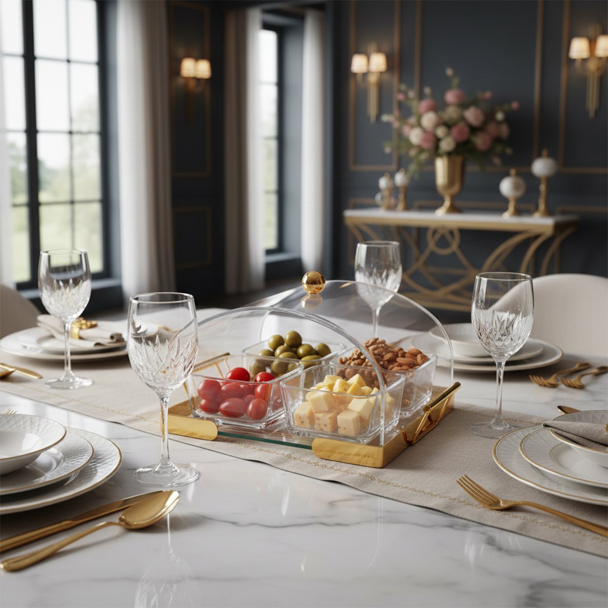 Appetizer tray with acrylic cups and bell