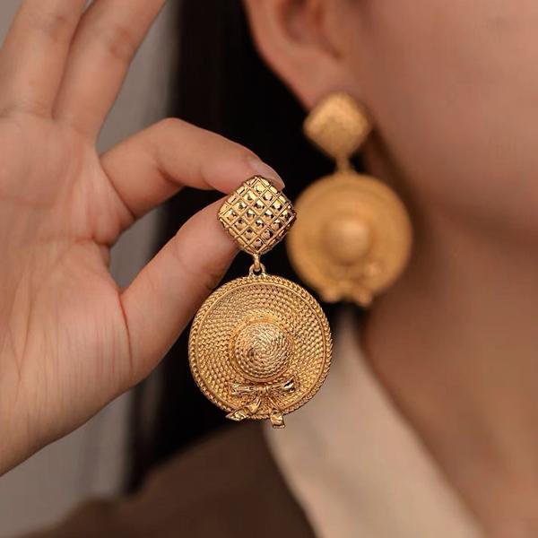 Vintage Style Straw Hat Drop Earrings