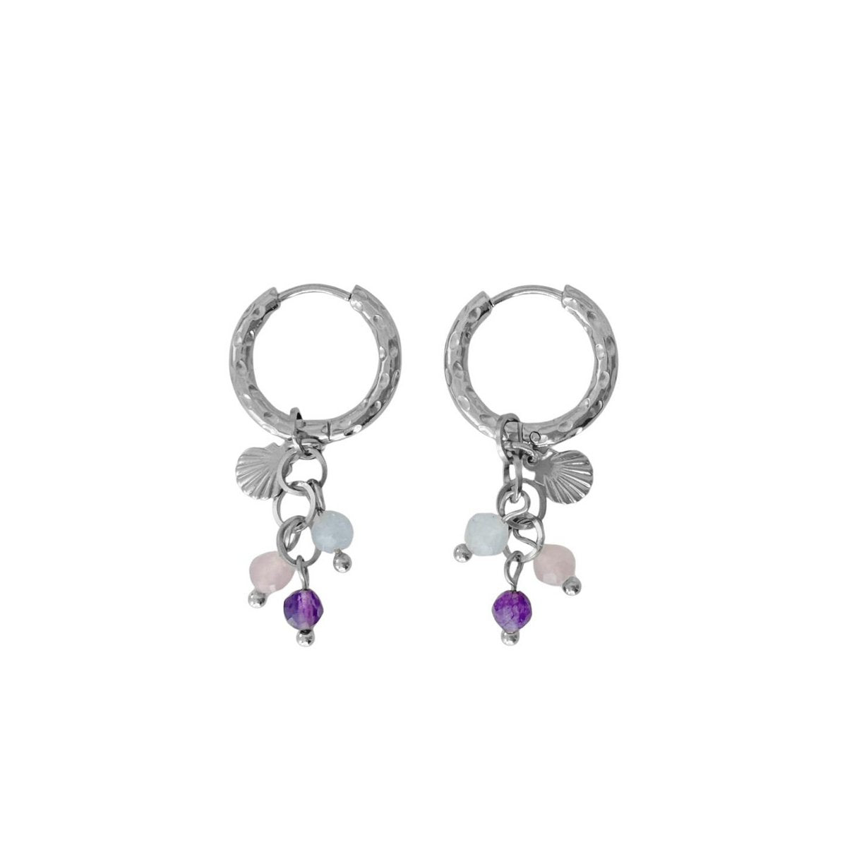 Shell, Rose Quartz, Amethyst and Aquamarine Earrings - Silver