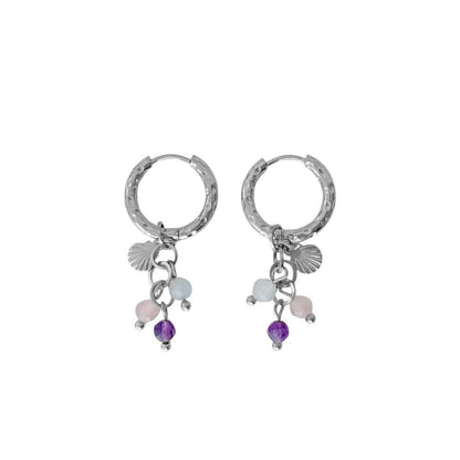 Shell, Rose Quartz, Amethyst and Aquamarine Earrings - Silver