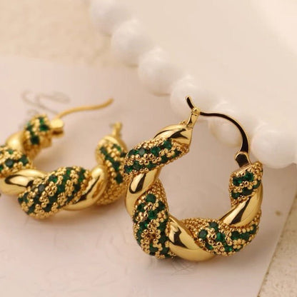 Vintage Styled Braided Earrings - Green Stones