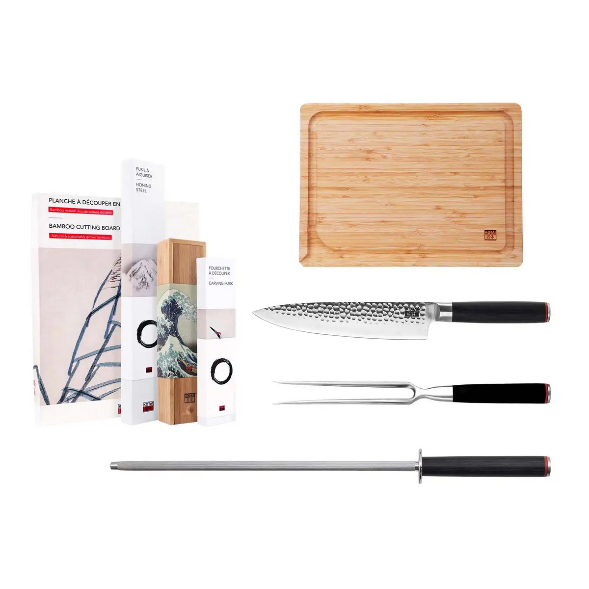 Knives and Kitchen Accessories Set - The BBQ Set Deluxe: Gyuto (chef knife) + carving fork + honing steel + bamboo cutting board