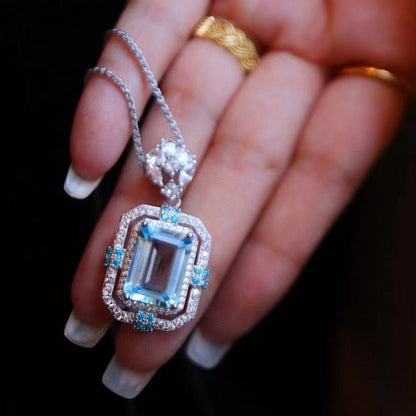 Sparkling Blue Topaz Square Pendant Necklace