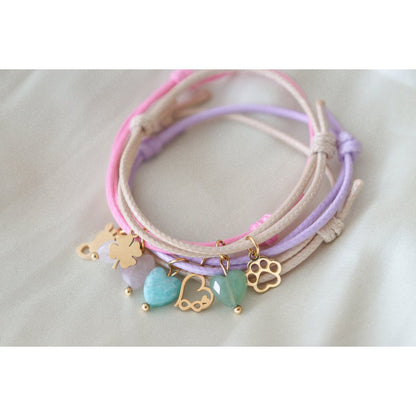 Wax Cord Bracelet Rose Quartz & Four Leaf Clover - Gold