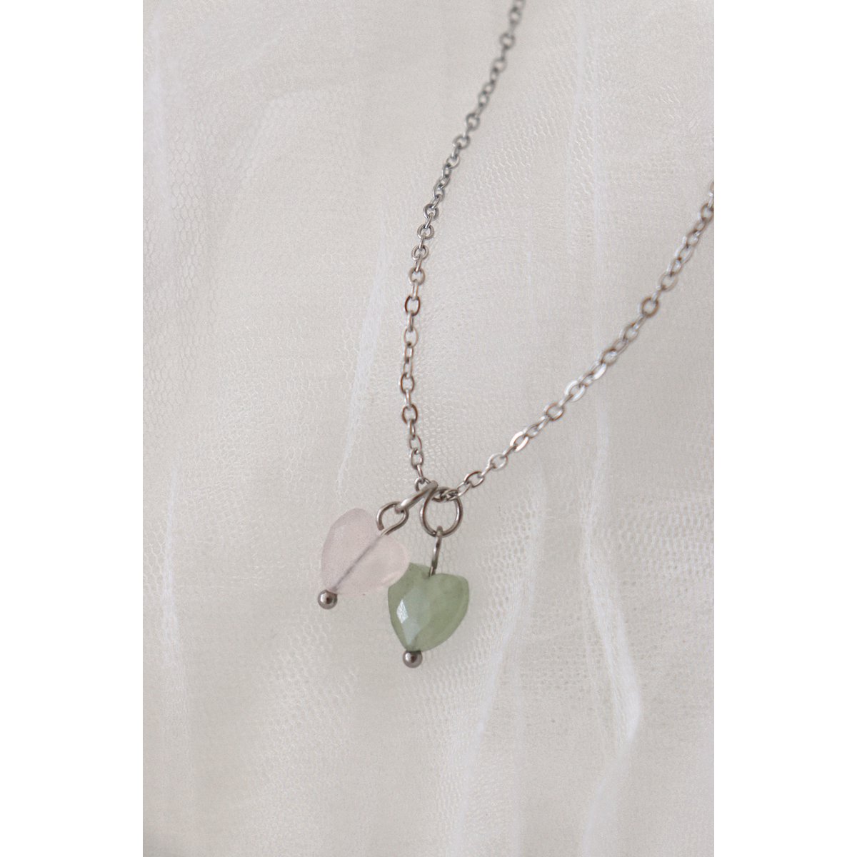 Aventurine and Rose Quartz Heart Necklace - Silver