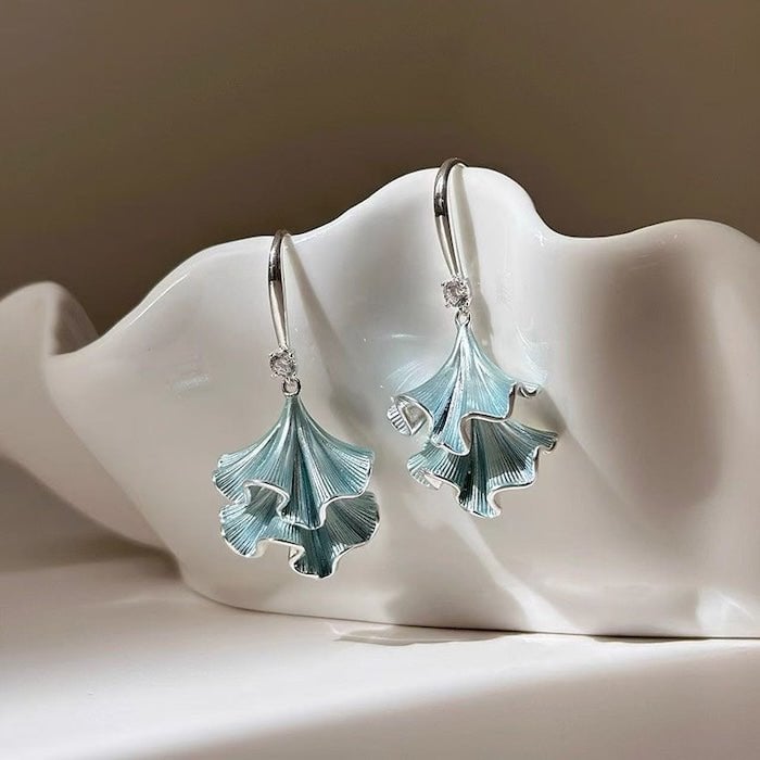 Light Blue Ginkgo Leaf Silver Earrings