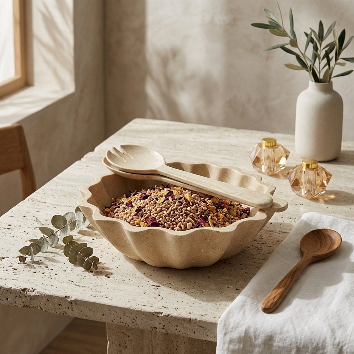 Travertine effect resin salad servers