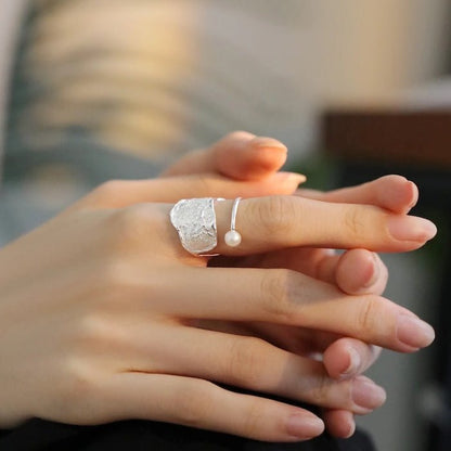 Sterling Silver Adjustable Textured Pearl Ring