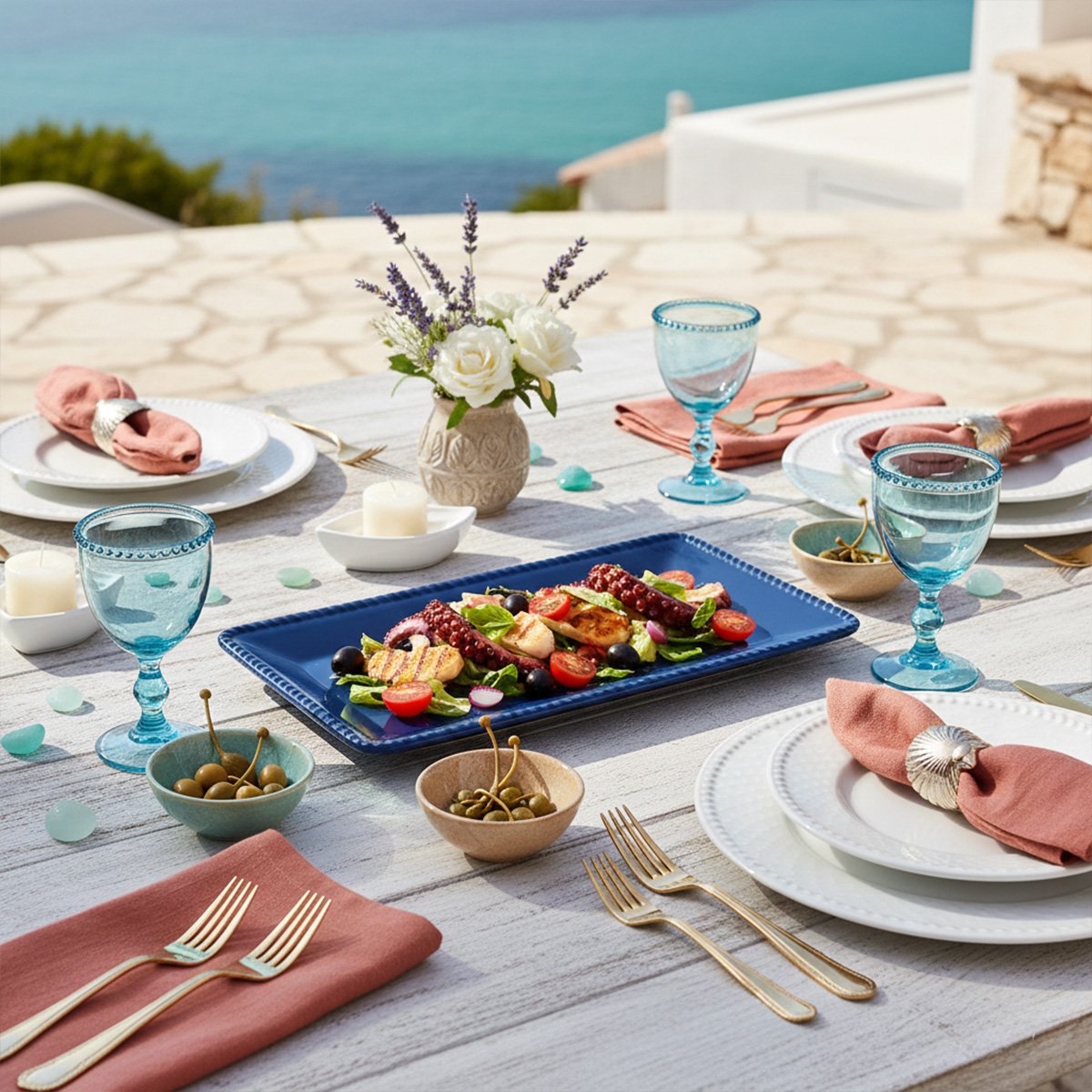 Rectangular blue melamine tray with rope edge 43.5x21x2.5cm