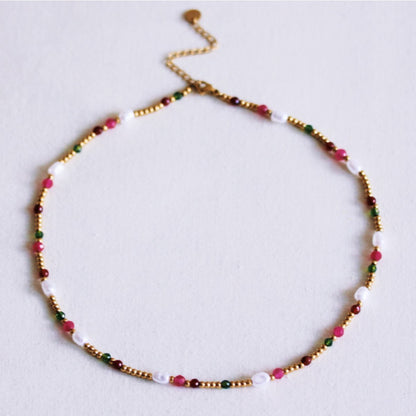 Beaded necklace with pearls and facets - green/fuchsia/red