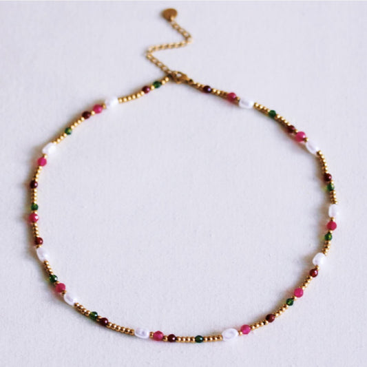 Beaded necklace with pearls and facets - green/fuchsia/red
