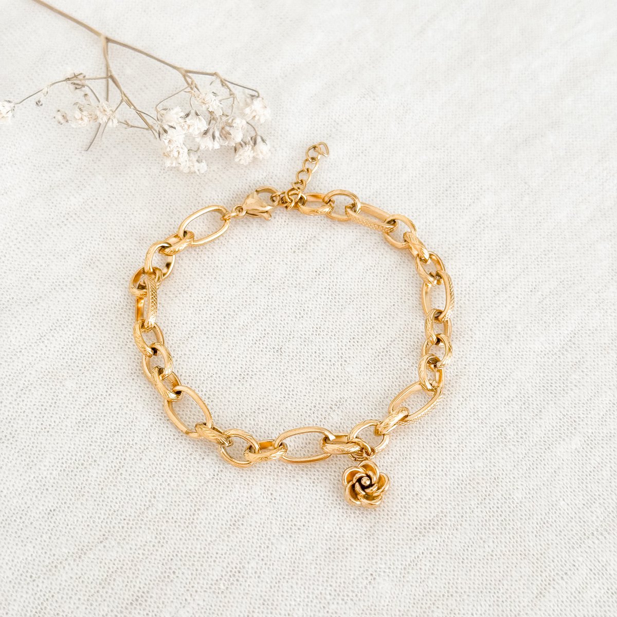 Curious Schakel & Flower Bracelet - Gold