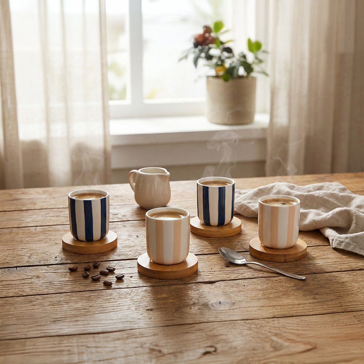 Striped coffee cups with wooden saucers - set of 4