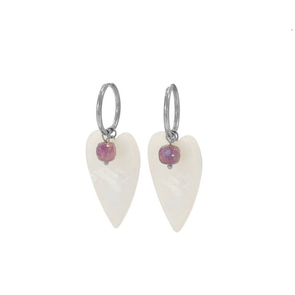 Amethyst Mother of Pearl Heart Earrings - Silver